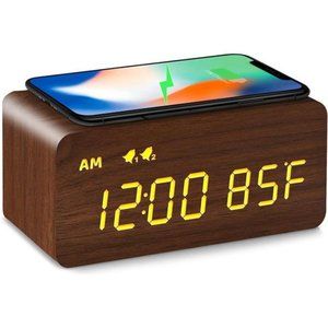 Digital Wooden Alarm Clock with Wireless Charging, 0-100% Dimmer, Dual Alarm